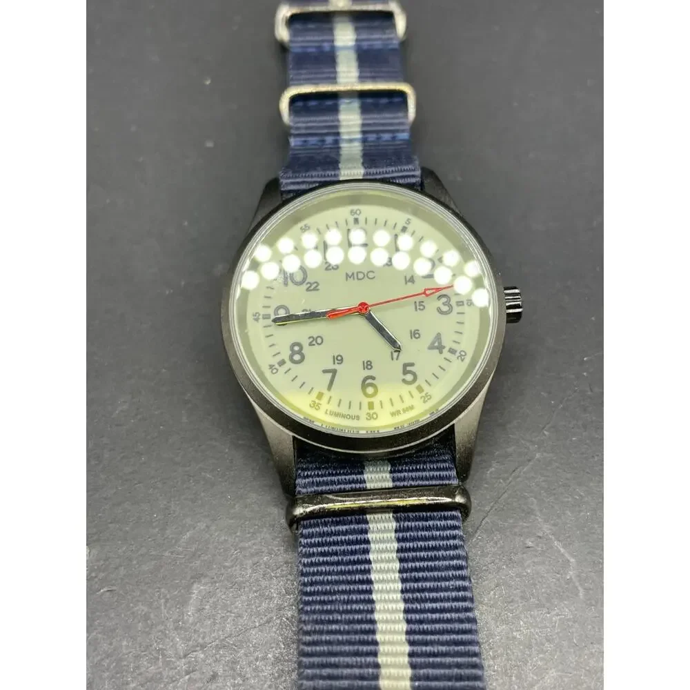 Infantry MDC Men's Military Field Watch Full Lume Cream Dial Blue Striped NATO